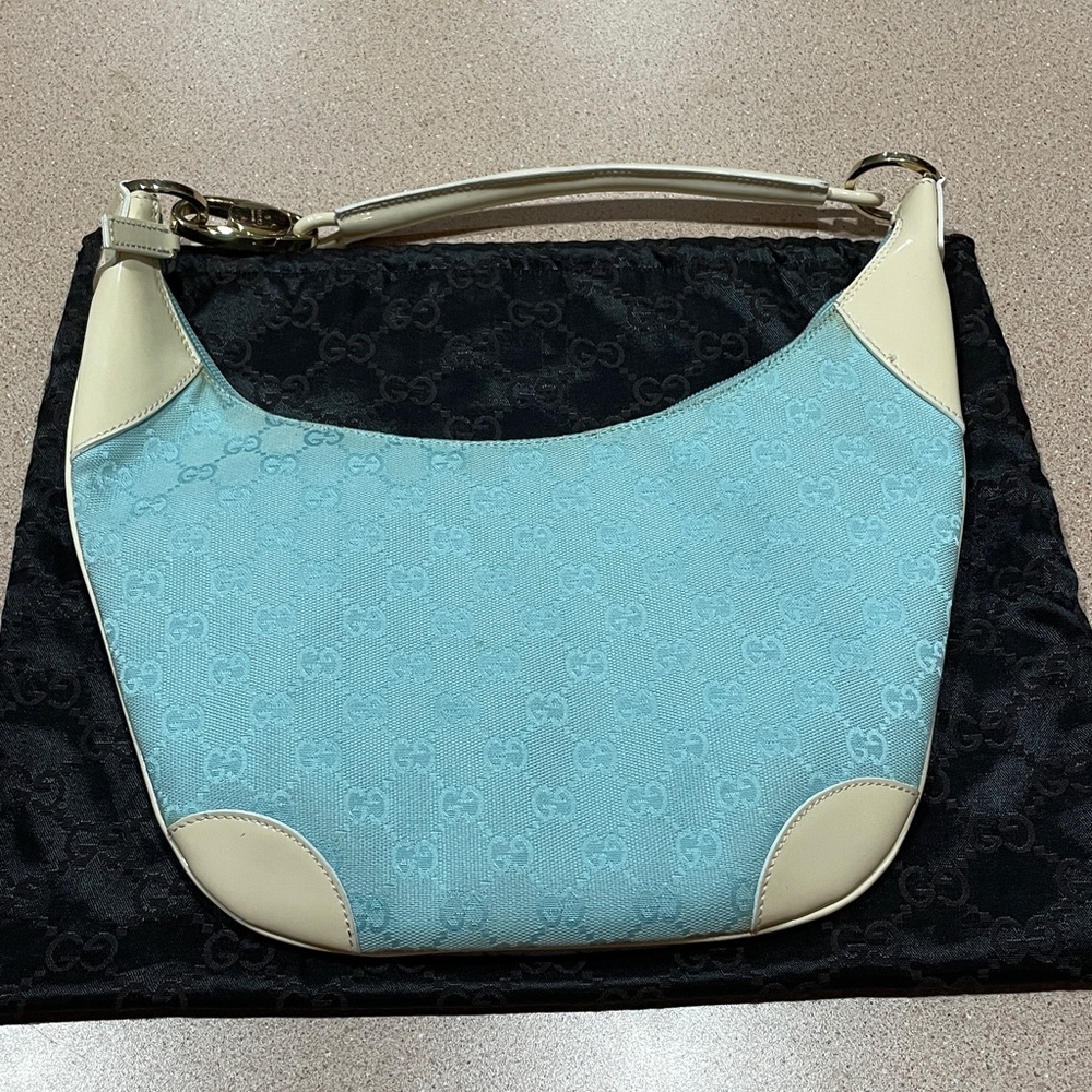 AUTHENTIC GUCCI Blue & Cream GG Canvas Hobo Bag